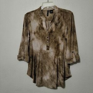 New Directions Brown Tie-Dye 3/4 Roll Sleeve Blouse Size Small EUC